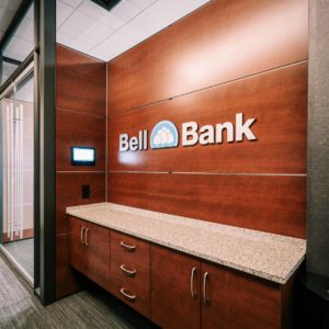 Bell Bank logo on the wall in Fargo offices
